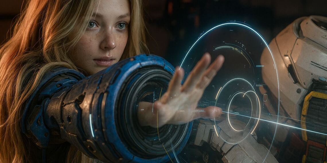 MasterTrend Info – Uw blog over technologie en digitale trends 27 Pragmata Lunar - Jonge vrouw in een futuristisch blauw ruimtepak met een gloeiende holografische interface in een sciencefictionomgeving - Ruimteavontuurkunstwerk met Pragmata Lunar-thema.