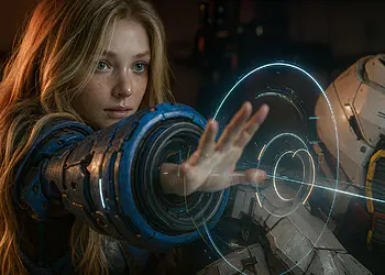 Pragmata Lunar - Giovane donna in una futuristica tuta spaziale blu che utilizza un'interfaccia olografica luminosa in un'ambientazione fantascientifica - Opera d'arte di avventura spaziale a tema Pragmata Lunar.