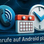 Programar Llamadas Android - Ilustración 3D de un icono de teléfono, calendario y reloj que representan cómo programar llamadas en Android y organizar recordatorios de llamadas en el móvil.