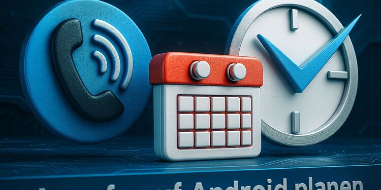 جدولة مكالمات Android - رسم توضيحي ثلاثي الأبعاد لأيقونة الهاتف والتقويم والساعة يمثل كيفية جدولة المكالمات على Android وتنظيم تذكيرات المكالمات على هاتفك المحمول.