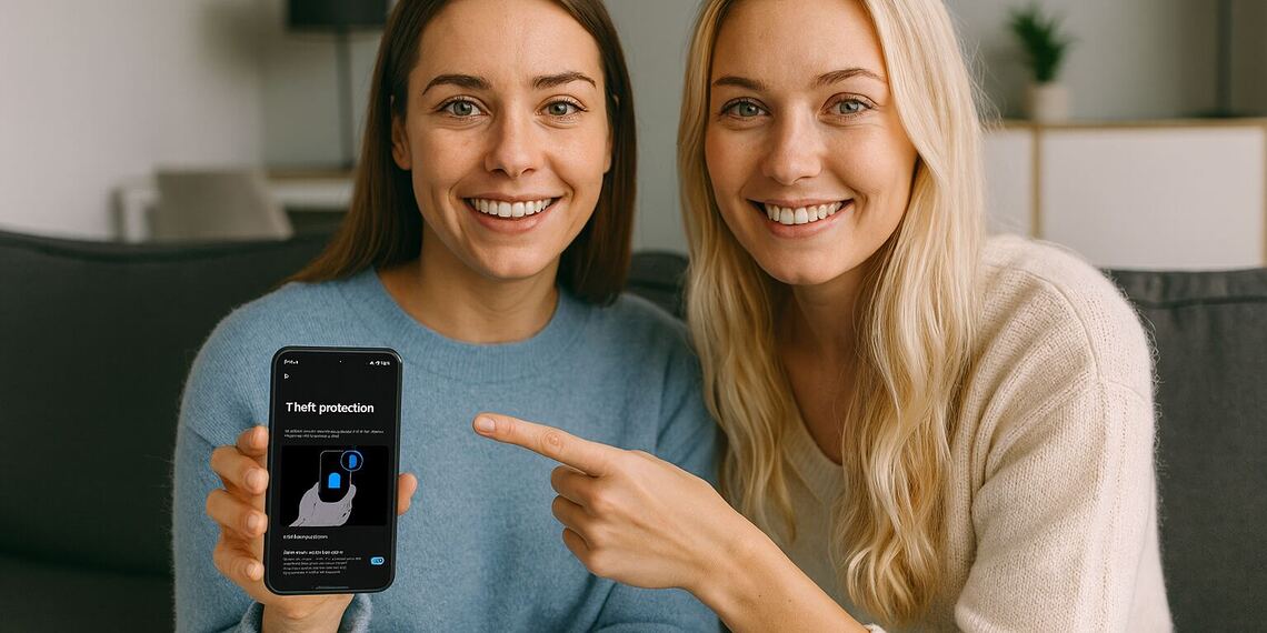 การป้องกันการโจรกรรม - ผู้หญิงสองคนแสดงตัวเลือก "การป้องกันการโจรกรรม" บนโทรศัพท์ Android โดยแสดงเคล็ดลับด้านความปลอดภัยสำหรับการป้องกันการโจรกรรมและการล็อกอุปกรณ์