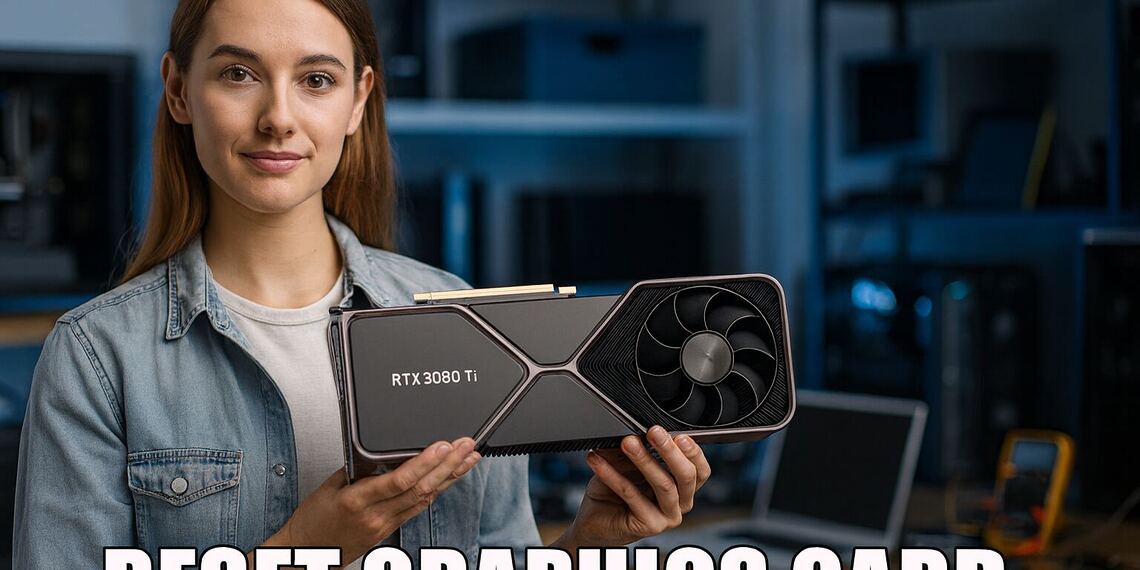 그래픽 카드 재설정 - 컴퓨터 책상 위에 RTX 3080 Ti 그래픽 카드를 들고 있는 여성. PC 게임에서 그래픽 카드를 재시작하거나 재설정하는 방법에 대한 튜토리얼을 보여주고 있습니다.