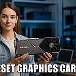 Reiniciar tarjeta gráfica - Mujer sosteniendo una tarjeta gráfica RTX 3080 Ti en un escritorio de ordenador, ilustrando tutorial para reiniciar o resetear la tarjeta gráfica en PC gaming.