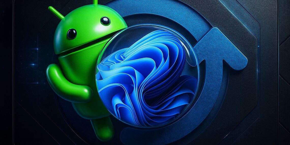 MasterTrend Info – Votre blog sur les tendances technologiques et numériques 29 Synchronisation Android Windows - Illustration d'une icône Android se synchronisant avec le logo Windows 11, représentant comment synchroniser un téléphone Android avec un PC Windows pour partager des fichiers, des notifications et des applications.