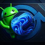 Sincroniza Android Windows - Ilustración de un icono de Android sincronizándose con el logotipo de Windows 11, representando cómo sincronizar un teléfono Android con un PC Windows para compartir archivos, notificaciones y aplicaciones.