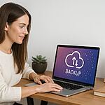 Software de respaldo - Mujer usando software de respaldo en laptop para hacer copia de seguridad en la nube y evitar perder sus datos hoy.