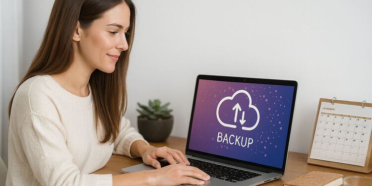 برنامج النسخ الاحتياطي - امرأة تستخدم برنامج النسخ الاحتياطي على الكمبيوتر المحمول للنسخ الاحتياطي إلى السحابة وتجنب فقدان بياناتها اليوم.