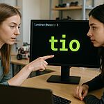 Tio - Dos estudiantes programando en un ordenador con la palabra "tio" en pantalla, aprendiendo el truco oculto para dominar microcontroladores y mejorar proyectos de electrónica.