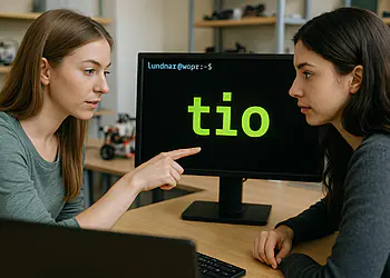 Oom - Twee studenten programmeren op een computer met het woord "oom" op het scherm en leren de verborgen truc om microcontrollers te beheersen en elektronische projecten te verbeteren.