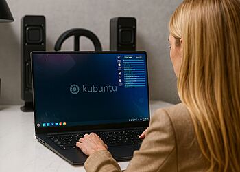 Transición a Linux Lo que nadie te cuenta (y funciona) 😱 18 Transición a Linux - Mujer usando un portátil con Kubuntu Linux en el escritorio, ilustrando la transición a Linux y las 7 aplicaciones recomendadas para acelerar el cambio de Windows o macOS.