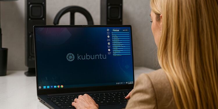 Transición a Linux Lo que nadie te cuenta (y funciona) 😱 10 Transición a Linux - Mujer usando un portátil con Kubuntu Linux en el escritorio, ilustrando la transición a Linux y las 7 aplicaciones recomendadas para acelerar el cambio de Windows o macOS.