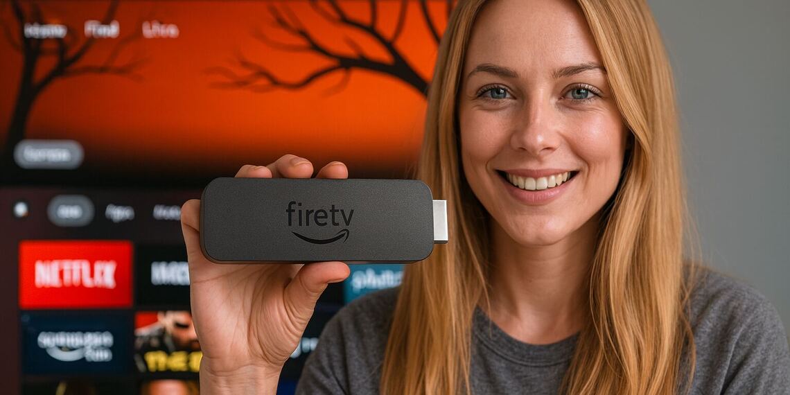 VPN Fire TV - ผู้หญิงใช้ Fire TV Stick บนทีวีเพื่อดู Netflix และแอปสตรีมมิ่งอื่น ๆ ด้วย VPN ช่วยปกป้องข้อมูลของเธอและปลดล็อกเนื้อหาเพิ่มเติม