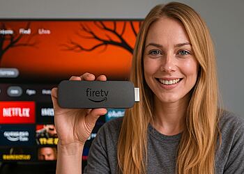 VPN Fire TV - Donna che usa Fire TV Stick sulla TV per guardare Netflix e altre app di streaming con VPN, proteggendo i suoi dati e sbloccando più contenuti.