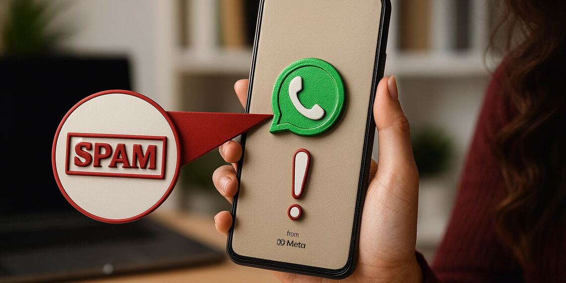 MasterTrend Info – Uw blog over technologie en digitale trends 28 WhatsApp Spam - Mobiele telefoon met WhatsApp-logo en spamwaarschuwing. Illustratie van hoe u het verborgen spamfilter op WhatsApp activeert.