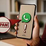 WhatsApp Spam - Teléfono móvil con logo de WhatsApp y advertencia de spam, ilustrando cómo activar el filtro oculto de mensajes no deseados en WhatsApp.