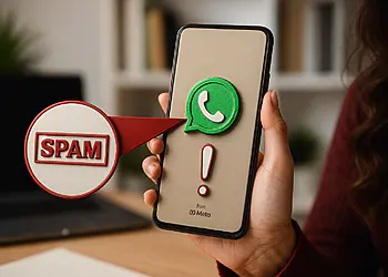 WhatsApp Spam Bloquea llamadas falsas con un solo ajuste ⚡ 30 Spam WhatsApp - Telefono cellulare con logo WhatsApp e avviso di spam, che illustra come attivare il filtro antispam nascosto su WhatsApp.