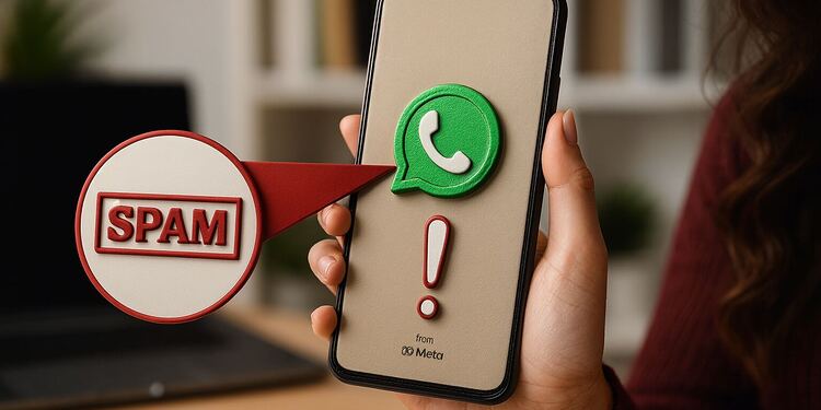 Блокируйте поддельные спам-звонки в WhatsApp с помощью одной настройки ⚡ 2 WhatsApp Spam — мобильный телефон с логотипом WhatsApp и предупреждением о спаме, иллюстрирующим, как активировать скрытый спам-фильтр в WhatsApp.