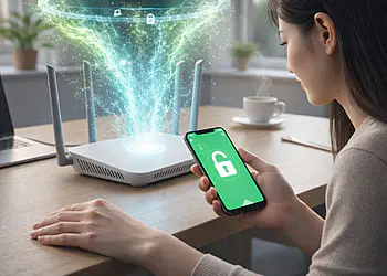Wi-Fi lento e instável - Usuário verificando problemas de lentidão e instabilidade na rede Wi-Fi doméstica, com o roteador sem fio e o celular mostrando conexão segura e sinal de rede fraco.