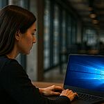 Windows 128 bits - Mujer utilizando una laptop con sistema operativo Windows en una oficina moderna, ilustrando el salto de rendimiento y seguridad de Windows 128 bits que promete cambiar tu PC para siempre.