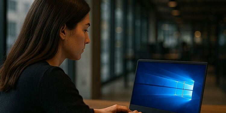 Windows 128-bit: The leap that will change your PC forever ⚡ 9 Windows 128-bit - Woman using a laptop with Windows operating system in a modern office, illustrating the leap in performance and security of Windows 128-bit that promises to change your PC forever.