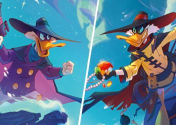 Darkwing Negaduck Winterspell- Ilustración de Disney Lorcana Winterspell mostrando dos versiones de Darkwing Duck enfrentadas, con atuendos alternativos, acción dinámica y estilo artístico del nuevo set de cartas coleccionables.