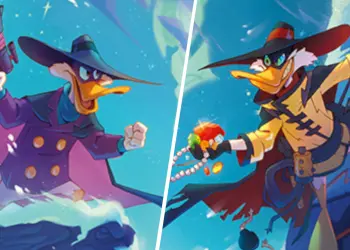 Darkwing Negaduck Winterspell - Illustration von Disney Lorcana Winterspell, die zwei Versionen von Darkwing Duck im Kampf zeigt, mit alternativen Outfits, dynamischer Action und dem typischen Kunststil des neuen Sammelkartensets.