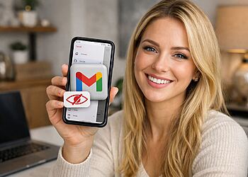 电子邮件别名 - 使用电子邮件别名来改善数字隐私，在智能手机上显示带有数据保护图标的 Gmail 应用。