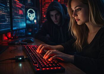 电脑上的键盘记录器 - 电脑上的键盘记录器示意图，显示一个人正在使用键盘，而攻击者在后台进行监视，代表恶意软件、密码窃取和网络安全威胁。