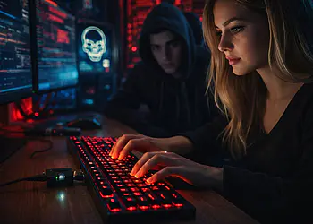 Keylogger auf Ihrem Computer – Illustration eines Keyloggers auf einem Computer, der eine Person bei der Benutzung einer Tastatur zeigt, während ein Angreifer im Hintergrund überwacht. Dies symbolisiert Malware, Passwortdiebstahl und Cybersicherheitsbedrohungen.