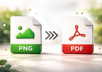 Métodos PNG a PDF - Ilustración de métodos para convertir archivos PNG a PDFmostrando iconos de PNG y PDF con una flecha de conversión entre ambos formatos.