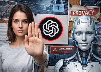 ChatGPT 中的隐私 - 一个人在类似机器人的人工智能和 ChatGPT 标志旁边展示停止标志，代表 ChatGPT 中的隐私、数据保护和信息安全。