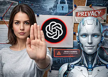 Datenschutz bei ChatGPT – Eine Person zeigt ein Stoppschild neben einer roboterähnlichen künstlichen Intelligenz und dem ChatGPT-Logo, die Datenschutz, Datensicherheit und Informationssicherheit bei ChatGPT symbolisieren.