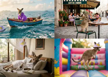 Gobernanza Nano Banana 2 - 海のボートに乗っているカンガルー、カフェに座っているカンガルー、寝室でくつろいでいるカンガルー、カラフルなインフレータブル城でジャンプしているカンガルーをフィーチャーした気まぐれなカンガルーのシーン、クリエイティブでシュールな動物写真コラージュ。