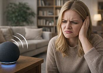 Attivazione accidentale dell'eco: donna infastidita dall'attivazione accidentale di Alexa su un altoparlante Amazon Echo in un soggiorno domestico.