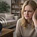 Attivazione accidentale dell'eco: donna infastidita dall'attivazione accidentale di Alexa su un altoparlante Amazon Echo in un soggiorno domestico.