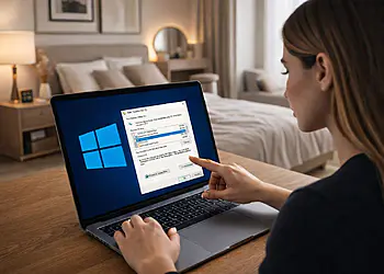 Gestión espacio Windows - Usuario gestionando el espacio en disco de Windows desde un portátil, optimizando almacenamiento y liberando espacio sin perder funciones críticas del sistema.