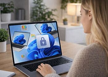 PowerToys の主な機能 - Windows 11 と PowerToys を搭載したラップトップで作業しているユーザーが、Windows にネイティブであるべき主要な生産性とセキュリティの機能を示しています。