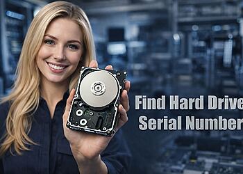 Windows ディスクのシリアル番号 - HDD を持ち、シリアル番号を表示している人、Windows でディスク ID を見つける方法、およびメーカーが受け入れるシリアル番号を示す図