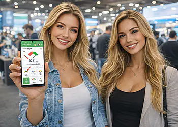 Velocidad de carga real en tu teléfono Android mostrada en una app medidor de carga con amperaje y estado de batería en pantalla, mientras una mujer sostiene el smartphone en una tienda de tecnología.