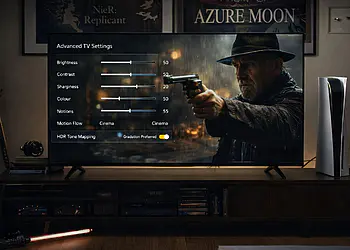 Ajustes avanzados de TV en pantalla con configuración de brillo, contraste, nitidez, color, motion flow y HDR tone mapping en un televisor 4K UHD mostrando una escena cinematográfica en alta definición.