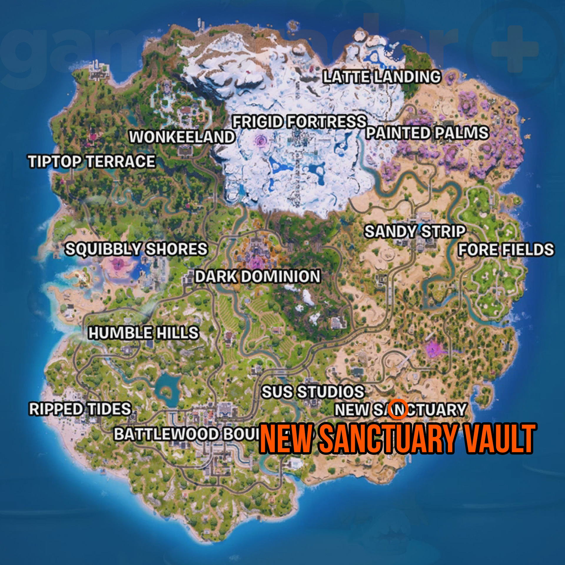 Mapa mostrando a localização do cofre do Novo Santuário em Fortnite.