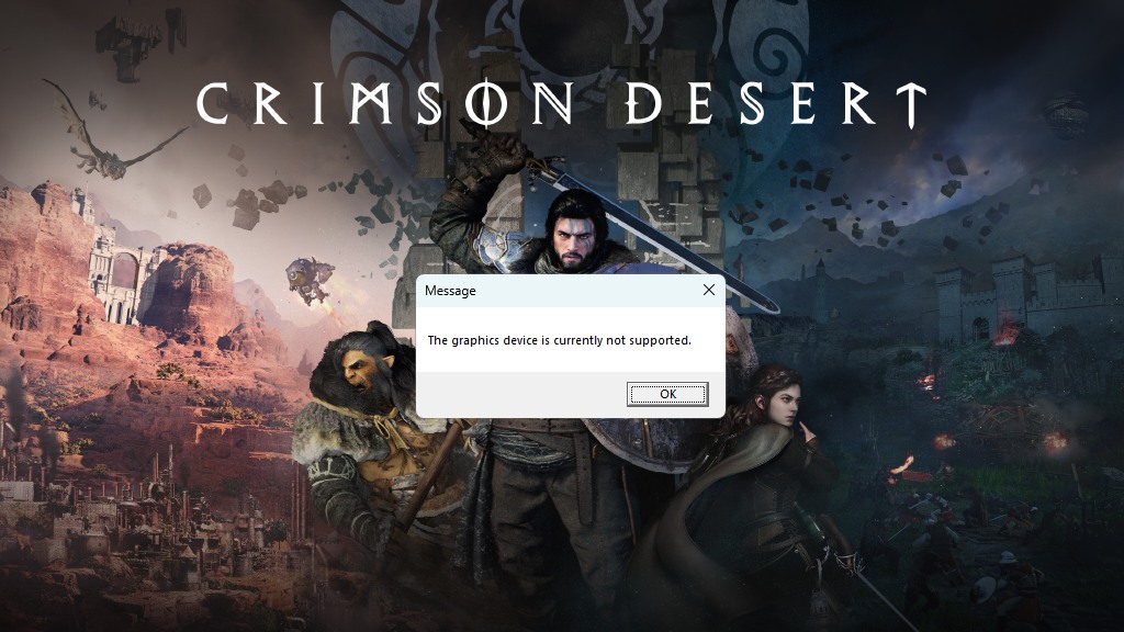 A tela inicial do Crimson Desert exibe o erro de dispositivo gráfico não suportado.