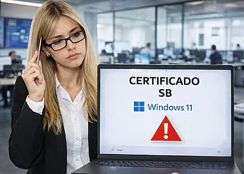 تظهر رسالة تحذير انتهاء صلاحية شهادة التمهيد الآمن في نظام التشغيل Windows 11 على شاشة الكمبيوتر المحمول في المكتب الرئيسي للشركة.