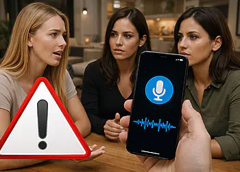 تسجيل الصوت من جوجل - نساء يتحدثن على طاولة بينما يعرض هاتف ذكي ميكروفونًا وواجهة موجة صوتية، مما يوضح ميزة **تسجيل الصوت من جوجل** وتحذيرات الخصوصية المحتملة عند تسجيل المحادثات.