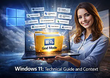Modo Dios Windows 11: mujer sosteniendo laptop con carpeta “God Mode” y opciones avanzadas del sistema para configuración, herramientas administrativas y optimización del PC.