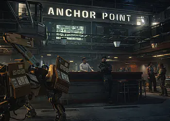 Entwicklungsprioritäten von Starfield: Szene in Anchor Point mit Charakteren in einer futuristischen Weltraumbar und einem Industrieroboter in einer Science-Fiction-Umgebung aus dem Bethesda-Videospiel.