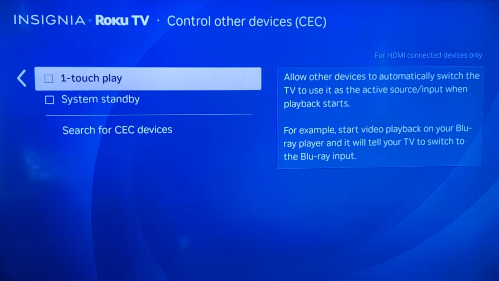 Paramètres HDMI-CEC sur un téléviseur Roku.