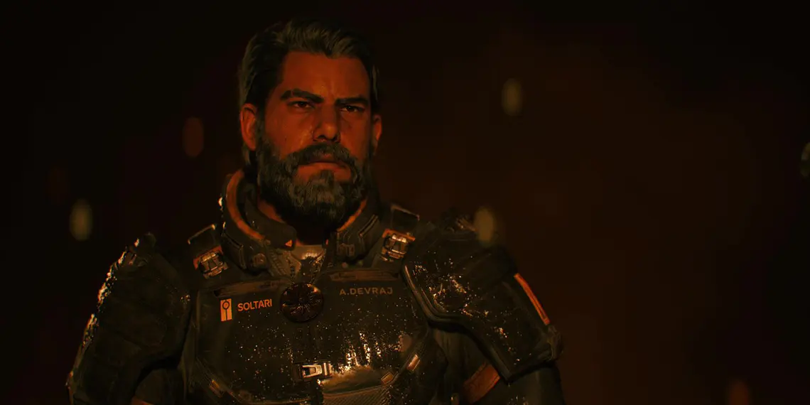 Finali di Saros: A. Devraj in un'armatura Soltari futuristica in una scena oscura e drammatica, analisi del finale principale e del finale segreto del videogioco.