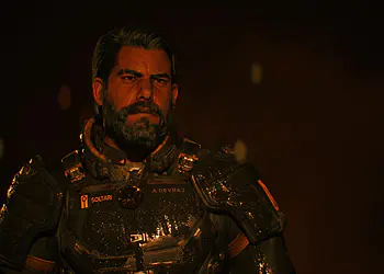 Finali di Saros: A. Devraj in un'armatura Soltari futuristica in una scena oscura e drammatica, analisi del finale principale e del finale segreto del videogioco.