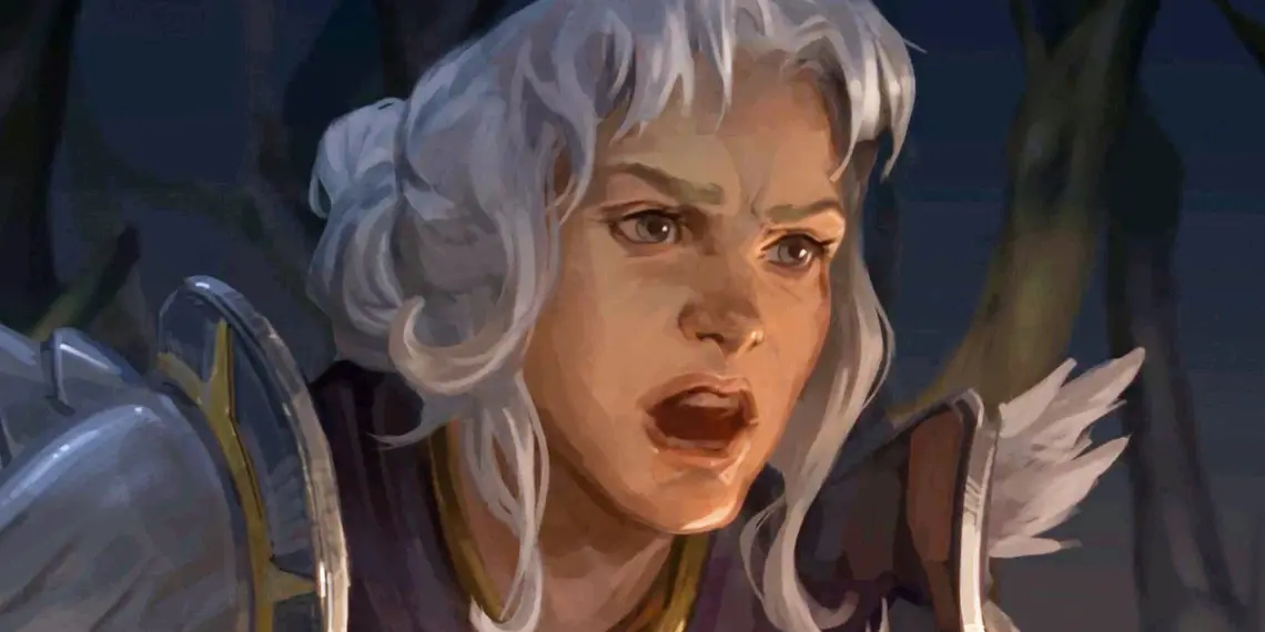 Strategy Heroes Olden Era: un'eroina guerriera dai capelli bianchi prende decisioni cruciali in un'epica battaglia fantasy che cambieranno il corso della partita.